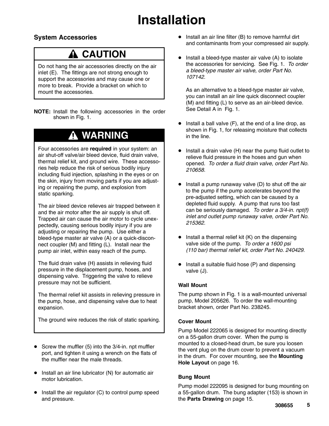 Graco 205626 important safety instructions System Accessories, Wall Mount, Cover Mount, Bung Mount 