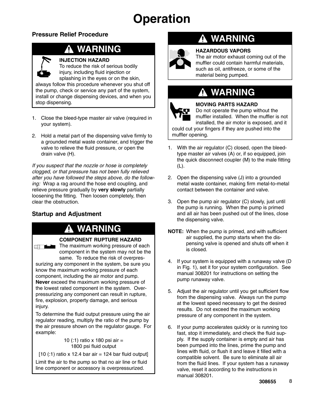 Graco 205626 important safety instructions Operation, Pressure Relief Procedure, Startup and Adjustment 