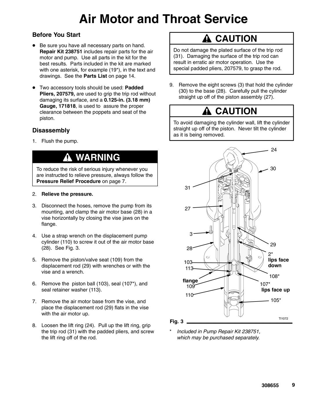 Graco 205626 important safety instructions Air Motor and Throat Service, Before You Start, Disassembly 