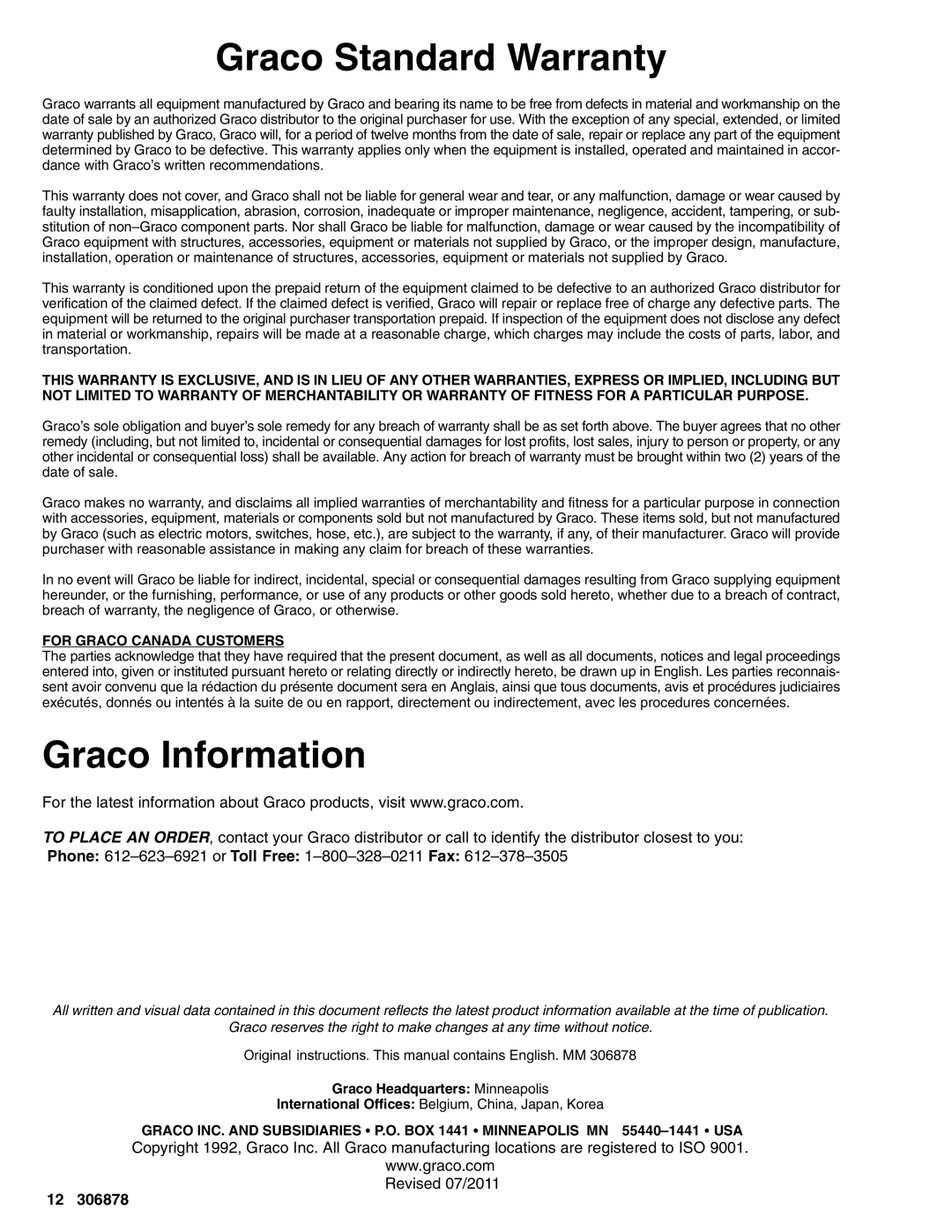 Graco 206661, 217567 warranty Graco Standard Warranty, Graco Information 