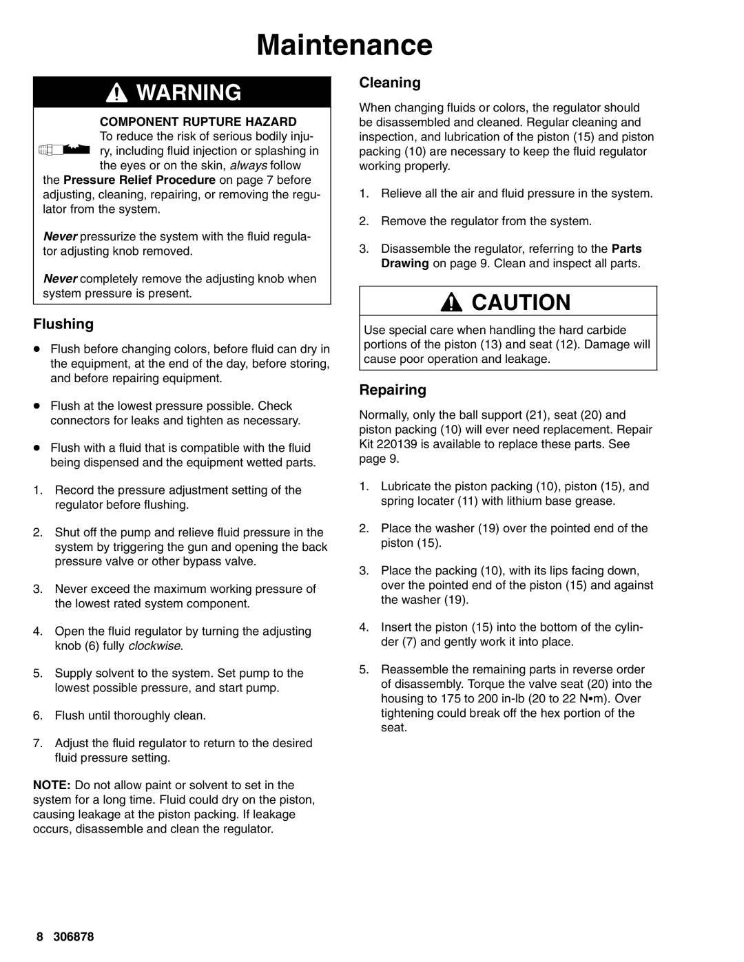 Graco 206661, 217567 warranty Maintenance, Flushing, Cleaning, Repairing 