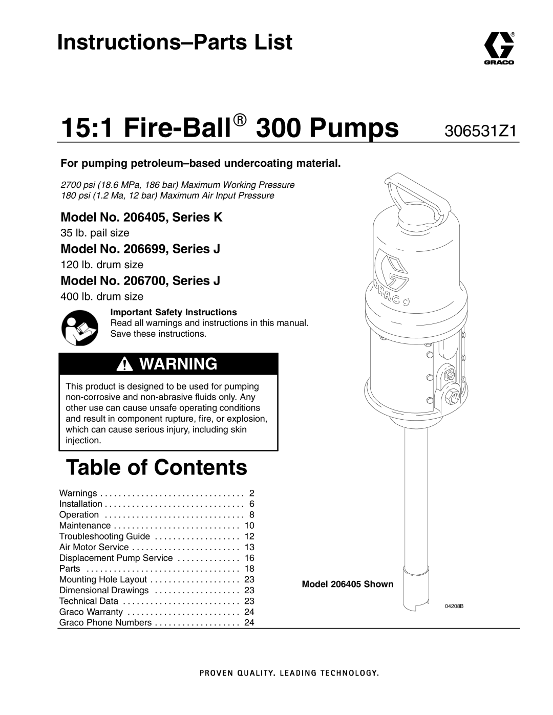 Graco 206405, 206699, 206700 important safety instructions Instructions-Parts List, Table of Contents 