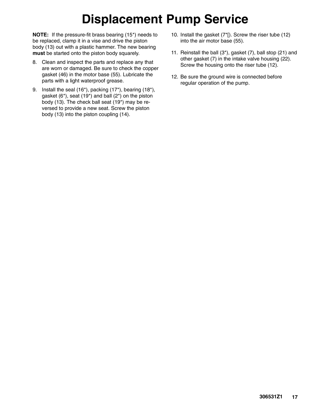 Graco 206700, 206699, 206405 important safety instructions Displacement Pump Service 