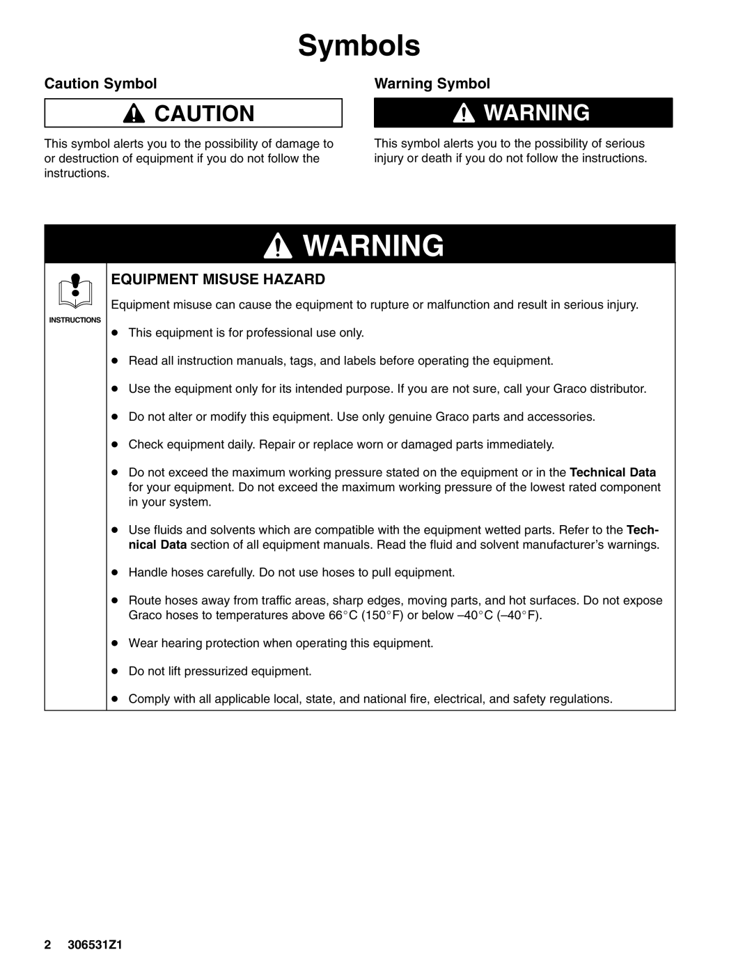 Graco 206700, 206699, 206405 important safety instructions Symbols, Equipment Misuse Hazard 