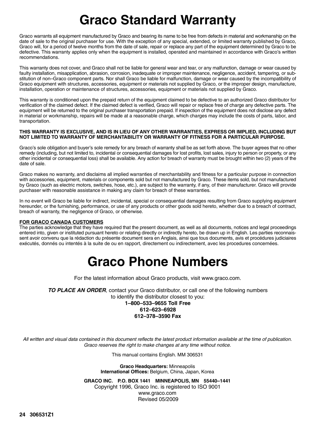 Graco 206699, 206405, 206700 important safety instructions Graco Standard Warranty, Graco Phone Numbers 