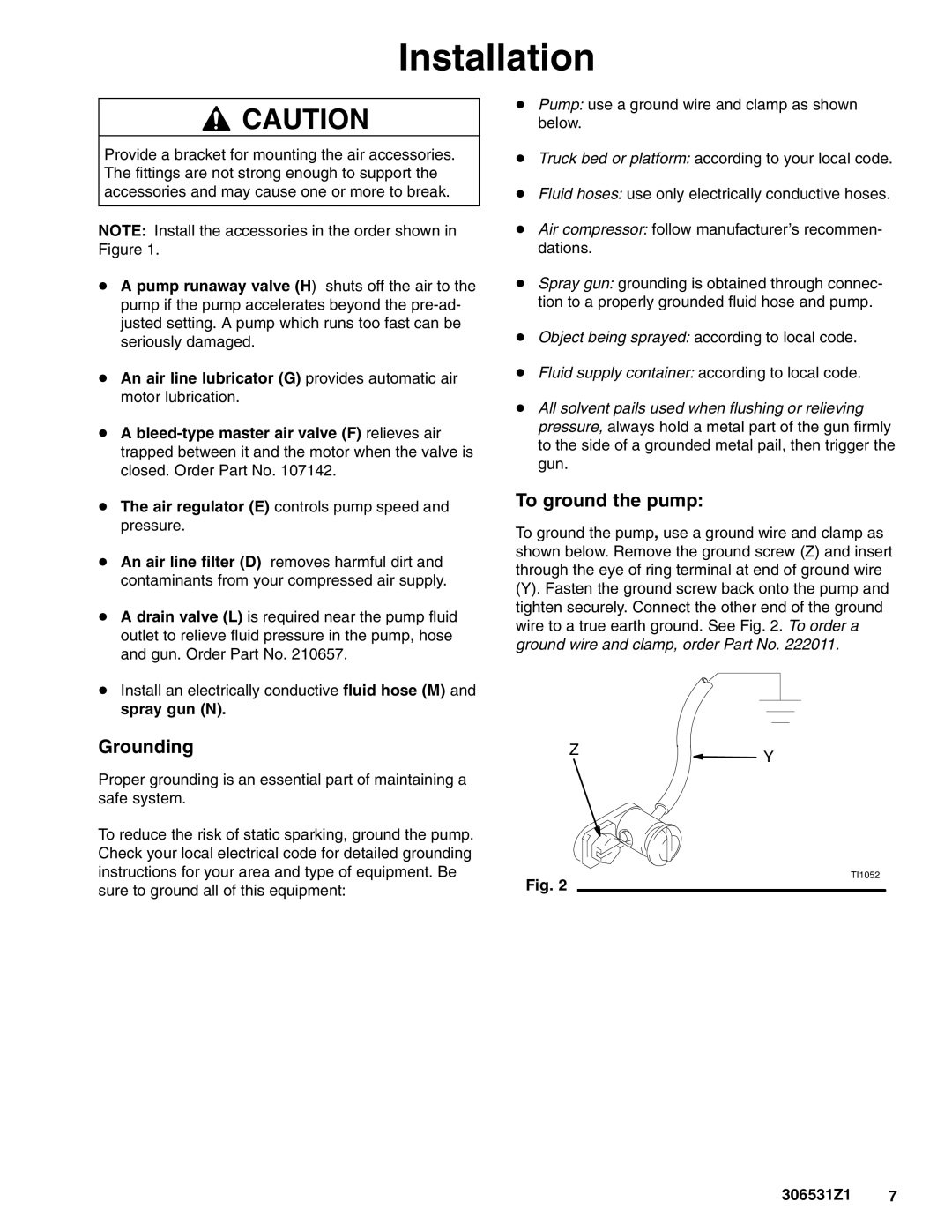 Graco 206405, 206699, 206700 important safety instructions Grounding, To ground the pump 