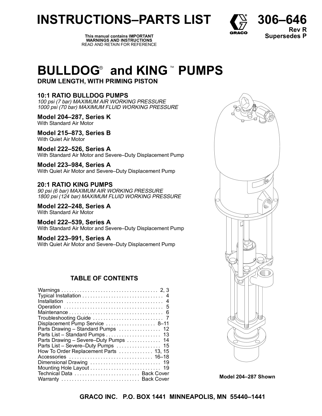 Graco 222539, 215873 warranty Drum LENGTH, with Priming Piston Ratio Bulldog Pumps, Ratio King Pumps, Table of Contents 