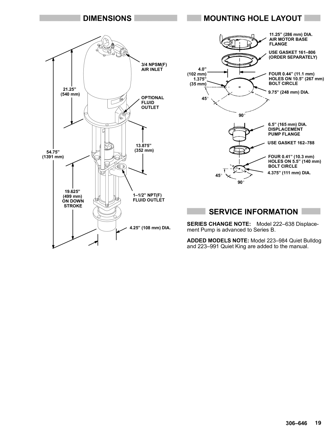 Graco 204287, 215873, 222539, 223991, 222526, 223984, 222248 warranty Dimensions Mounting Hole Layout, Service Information 