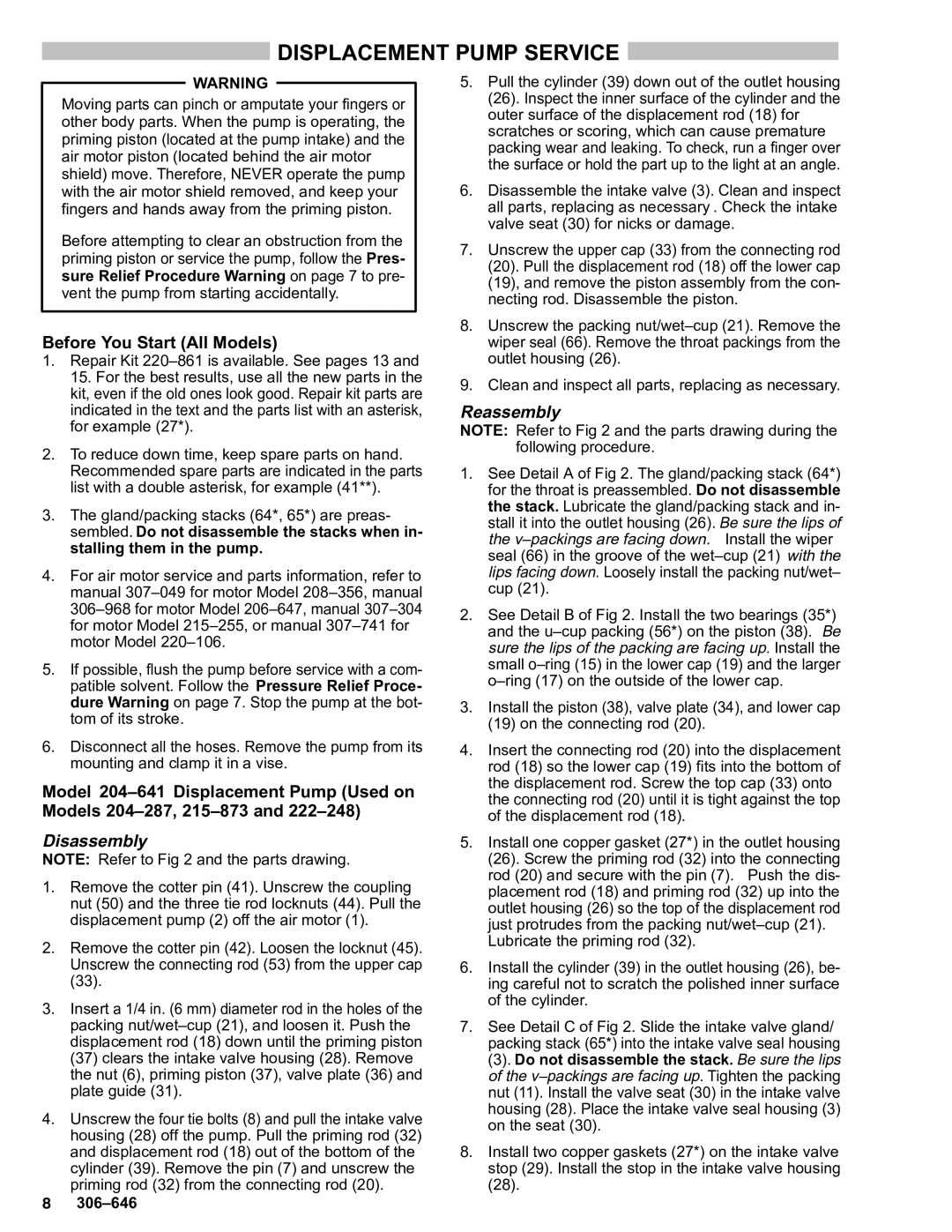 Graco 222539, 215873, 223991, 222526, 223984, 204287 Displacement Pump Service, Sure Relief Procedure Warning on page 7 to pre 