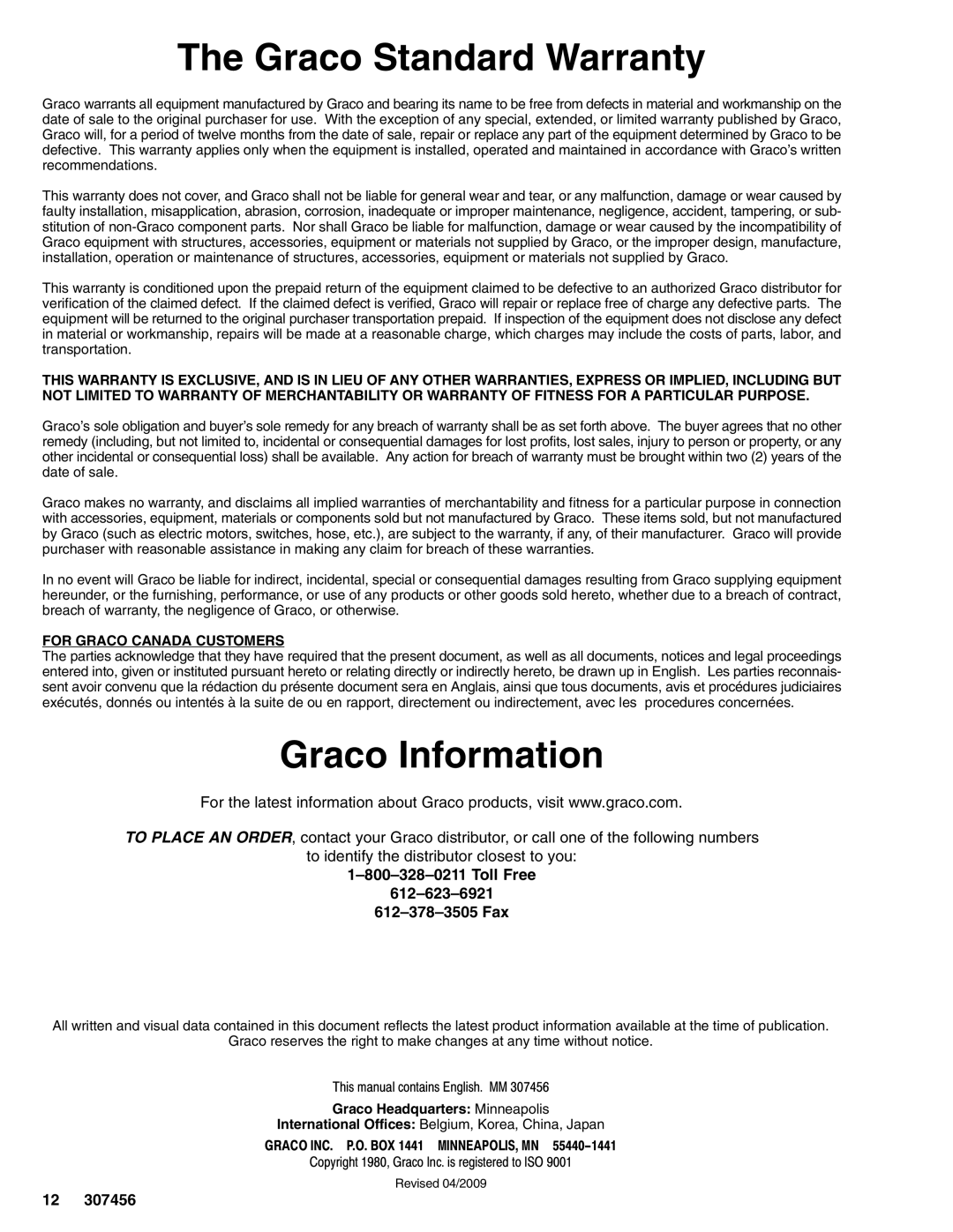 Graco 215963 important safety instructions Graco Standard Warranty, Graco Information 