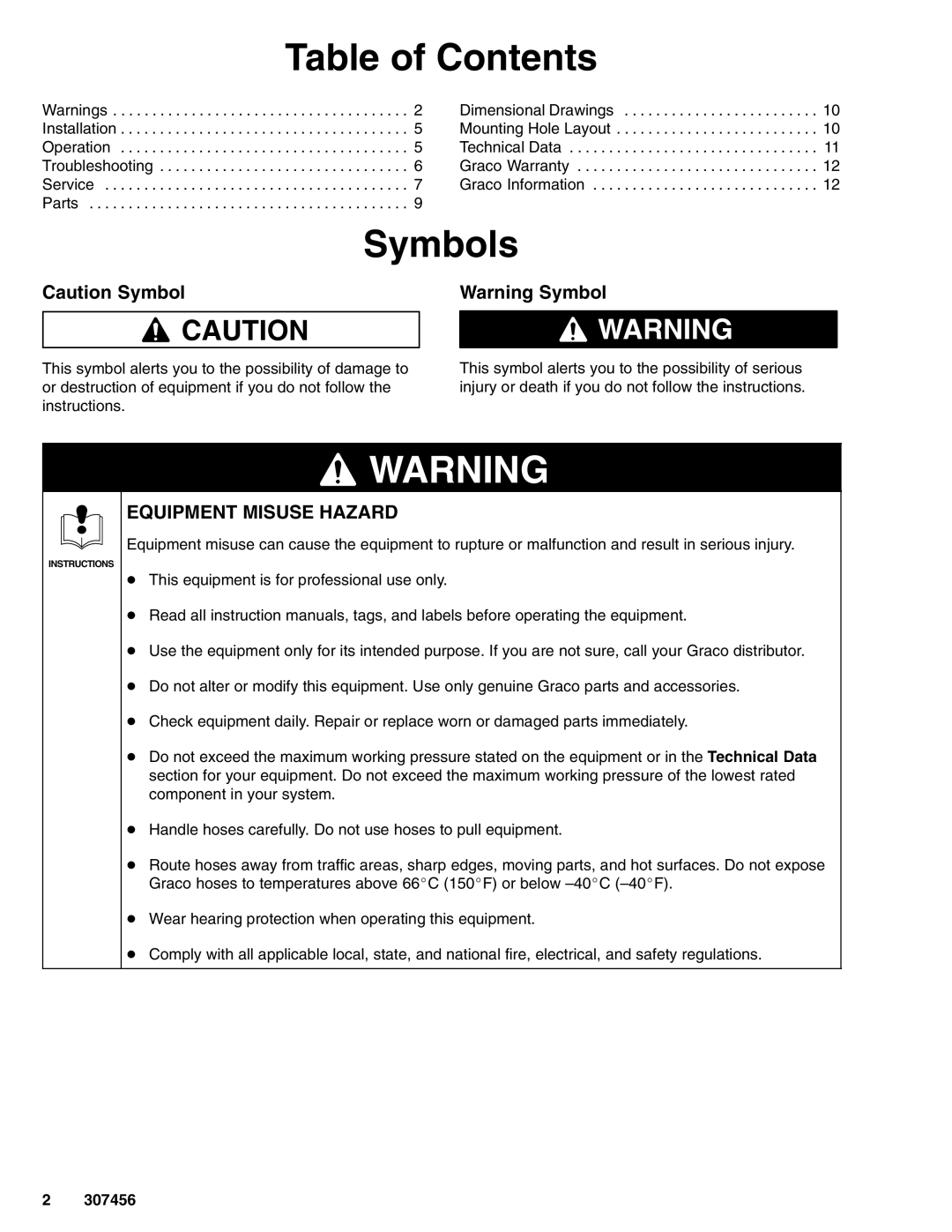 Graco 215963 important safety instructions Table of Contents, Symbols 