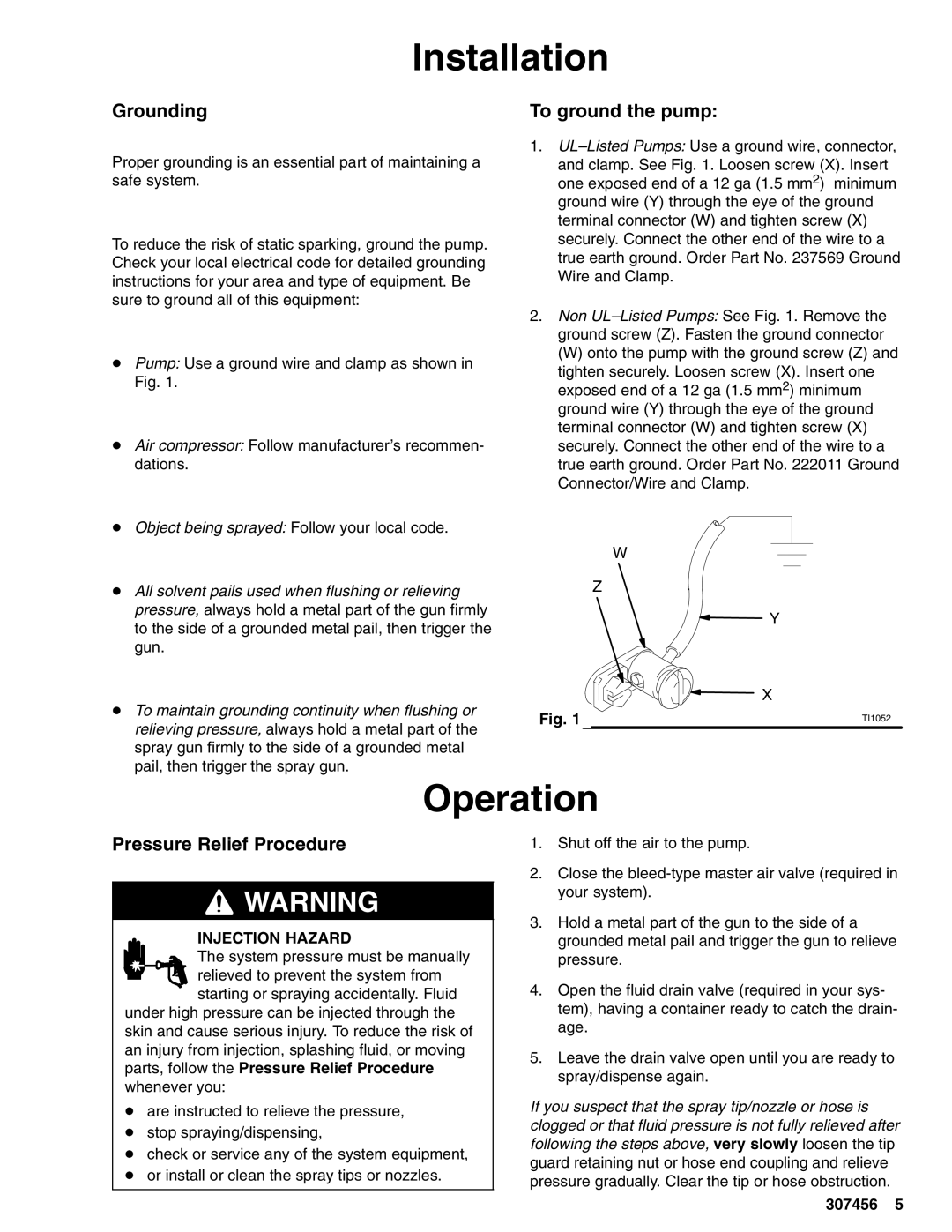 Graco 215963 Installation, Operation, Grounding, To ground the pump, Pressure Relief Procedure 