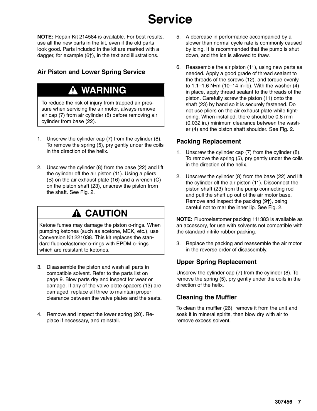 Graco 215963 Air Piston and Lower Spring Service, Packing Replacement, Upper Spring Replacement, Cleaning the Muffler 