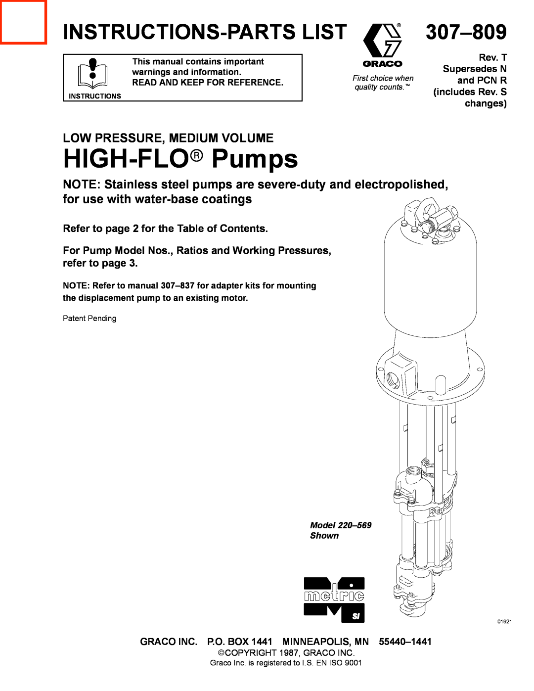 Graco 220-569 manual Instructions-Partslist, 307-809, Refer to page 2 for the Table of Contents, changes, HIGH-FLO Pumps 