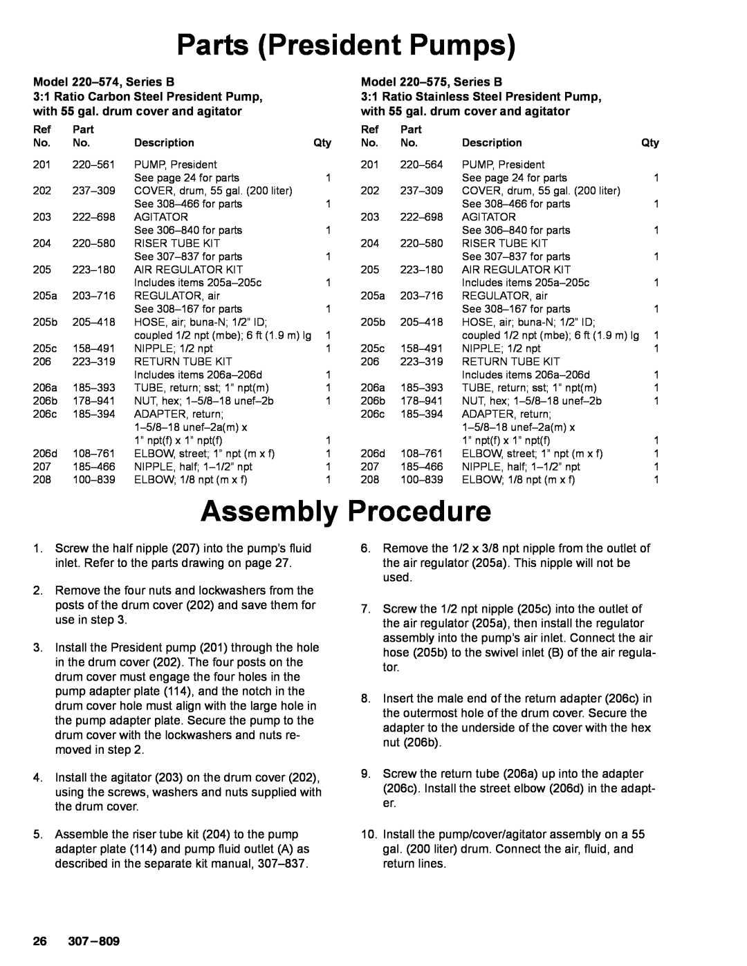 Graco 220-569 manual Assembly Procedure, Model 220-574,Series B, Model 220-575,Series B, Parts President Pumps 