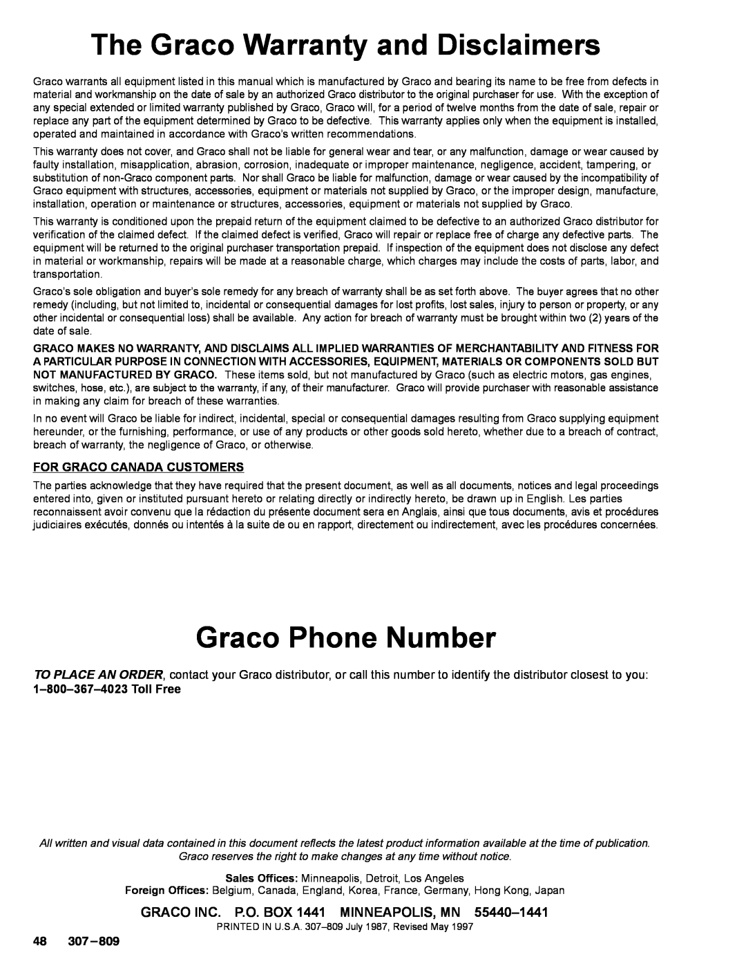 Graco 220-569 manual The Graco Warranty and Disclaimers, Graco Phone Number, For Graco Canada Customers 