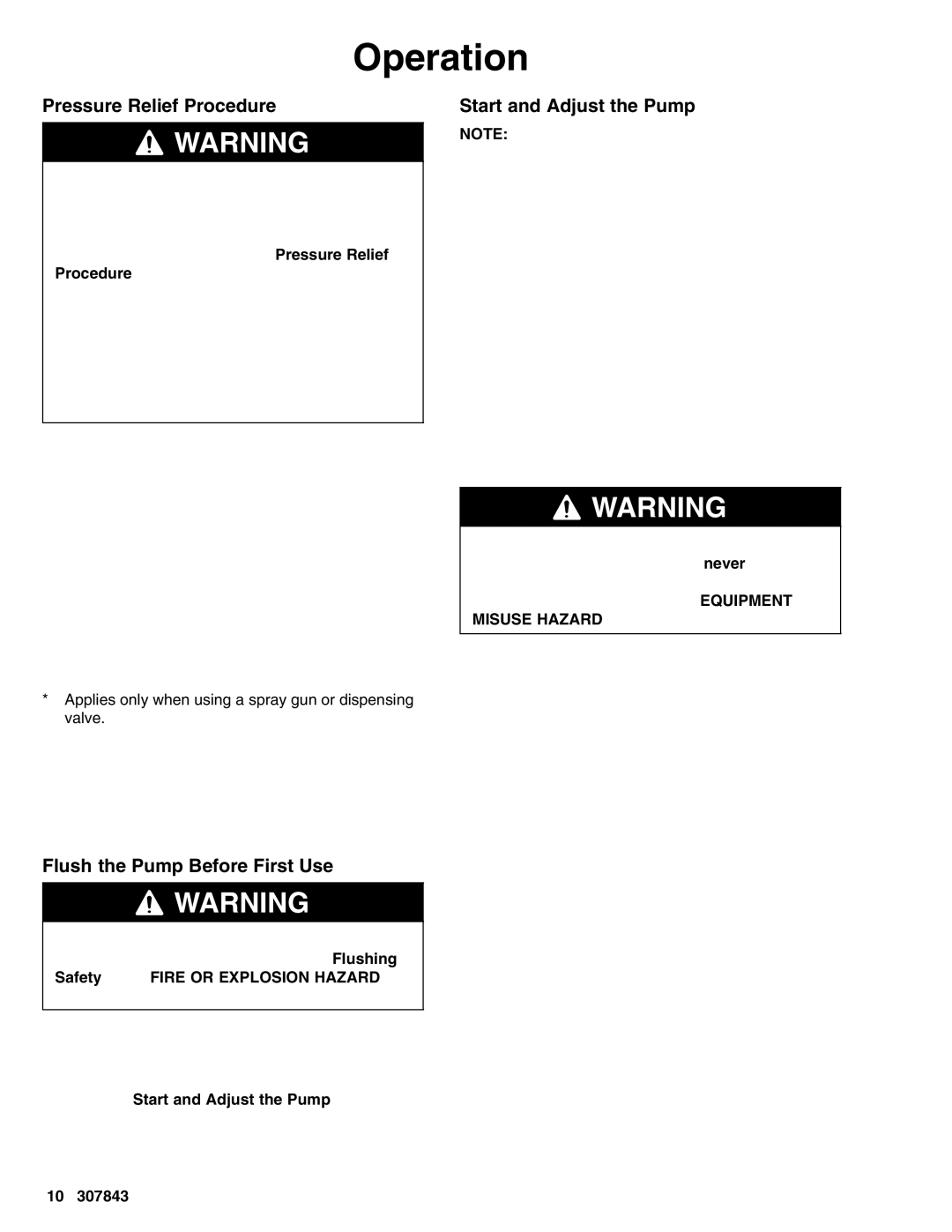 Graco 237010, 220667 Operation, Pressure Relief Procedure, Flush the Pump Before First Use, Start and Adjust the Pump 
