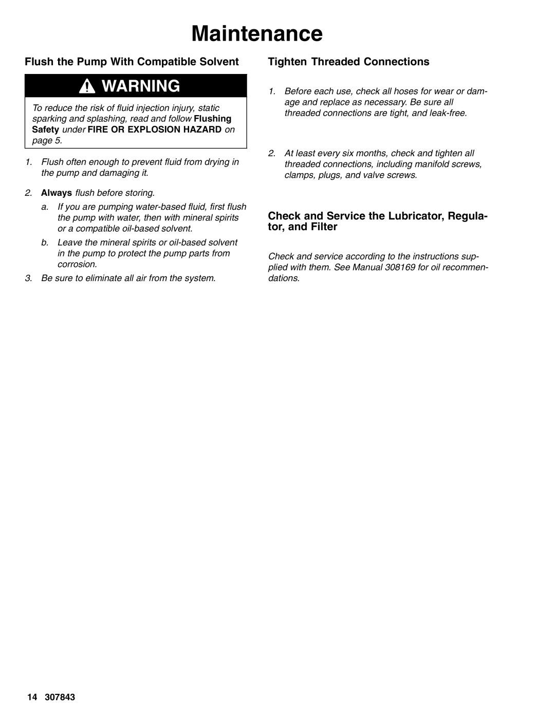 Graco 237012, 220667, 220666, 220663 Maintenance, Flush the Pump With Compatible Solvent, Tighten Threaded Connections 