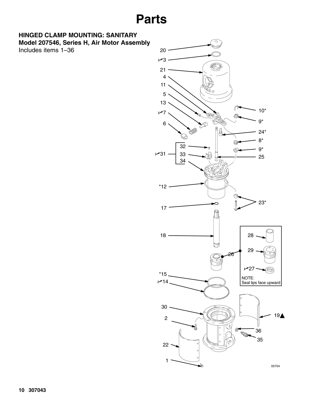 Graco 206955 205997, 222791, 215363 Parts, Hinged Clamp Mounting Sanitary, Model 207546, Series H, Air Motor Assembly 