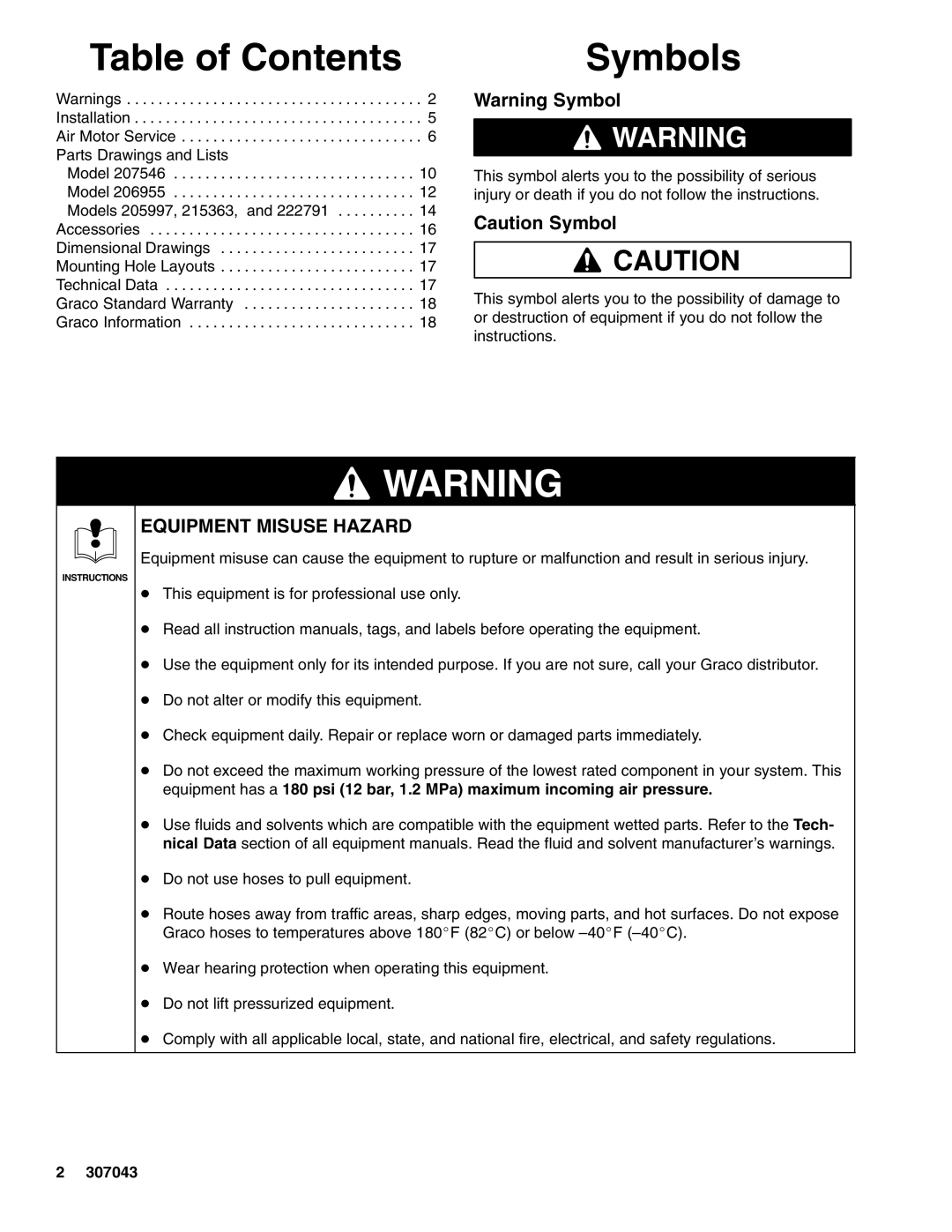 Graco 206955 205997, 222791, 207546, 215363 important safety instructions Table of Contents, Symbols 