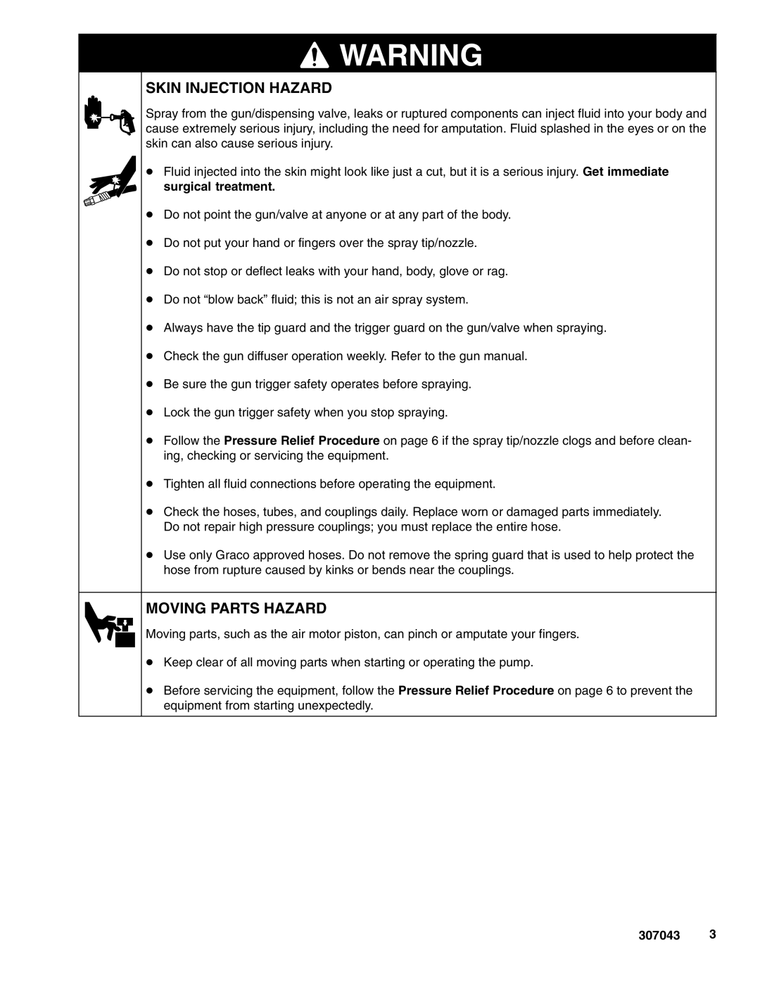 Graco 215363, 222791, 207546, 206955 205997 important safety instructions Skin Injection Hazard, Moving Parts Hazard 