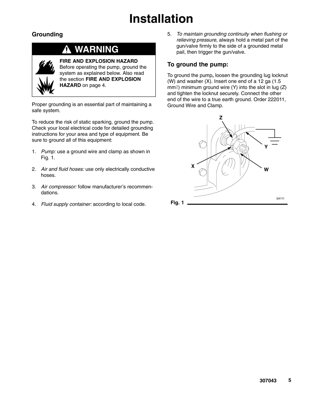 Graco 207546, 222791, 206955 205997, 215363 important safety instructions Installation, Grounding, To ground the pump 