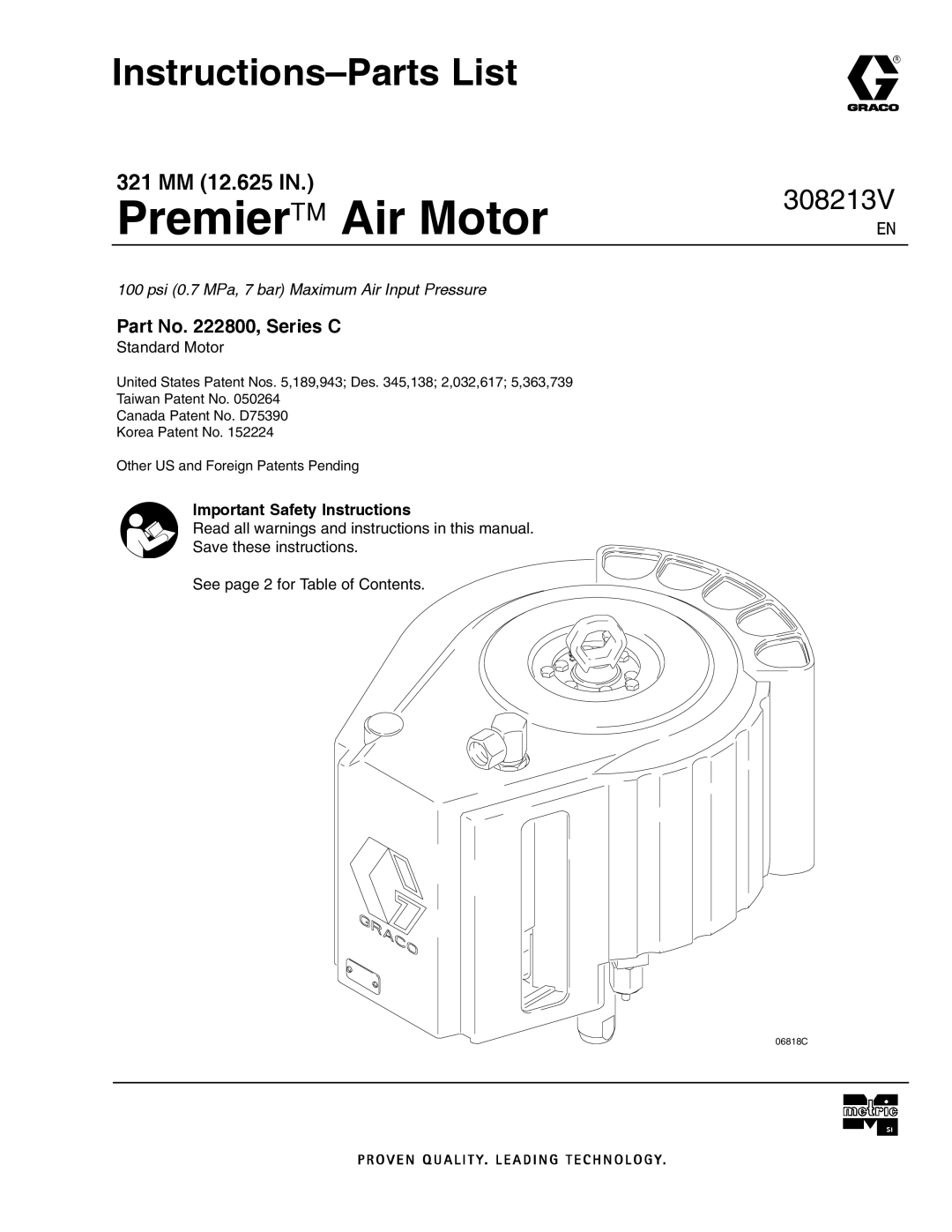 Graco 222800 Series C important safety instructions Instructions-Parts List, Part No , Series C, Standard Motor 