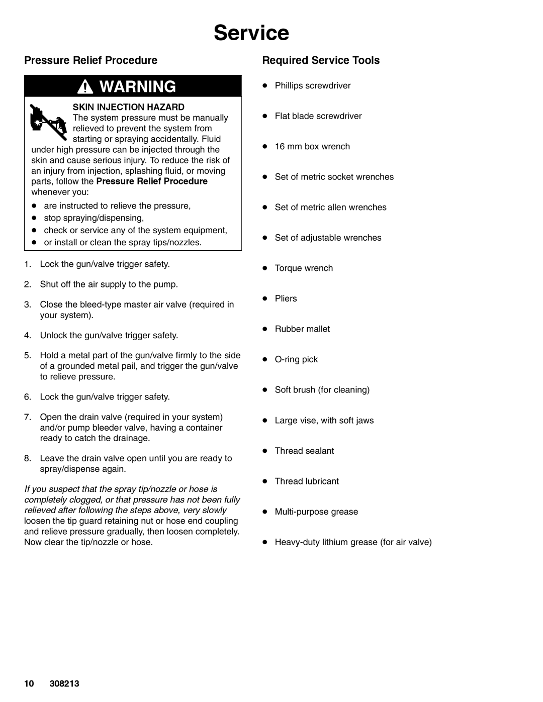 Graco 222800 Series C important safety instructions Pressure Relief Procedure, Required Service Tools 