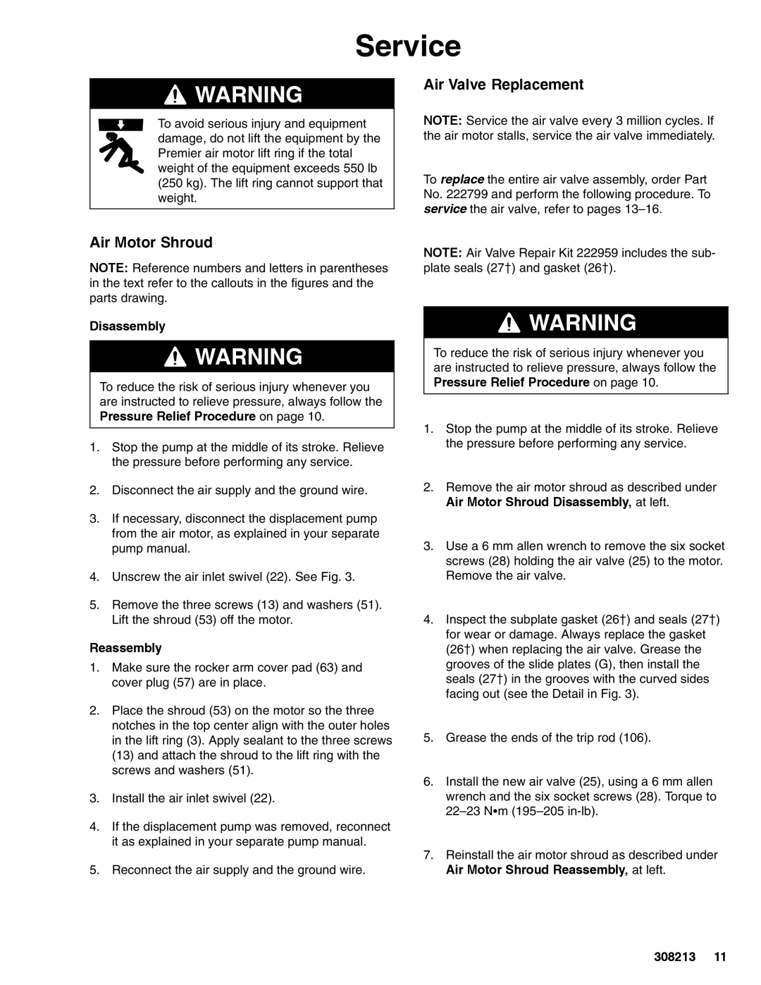 Graco 222800 Series C important safety instructions Air Motor Shroud, Air Valve Replacement 