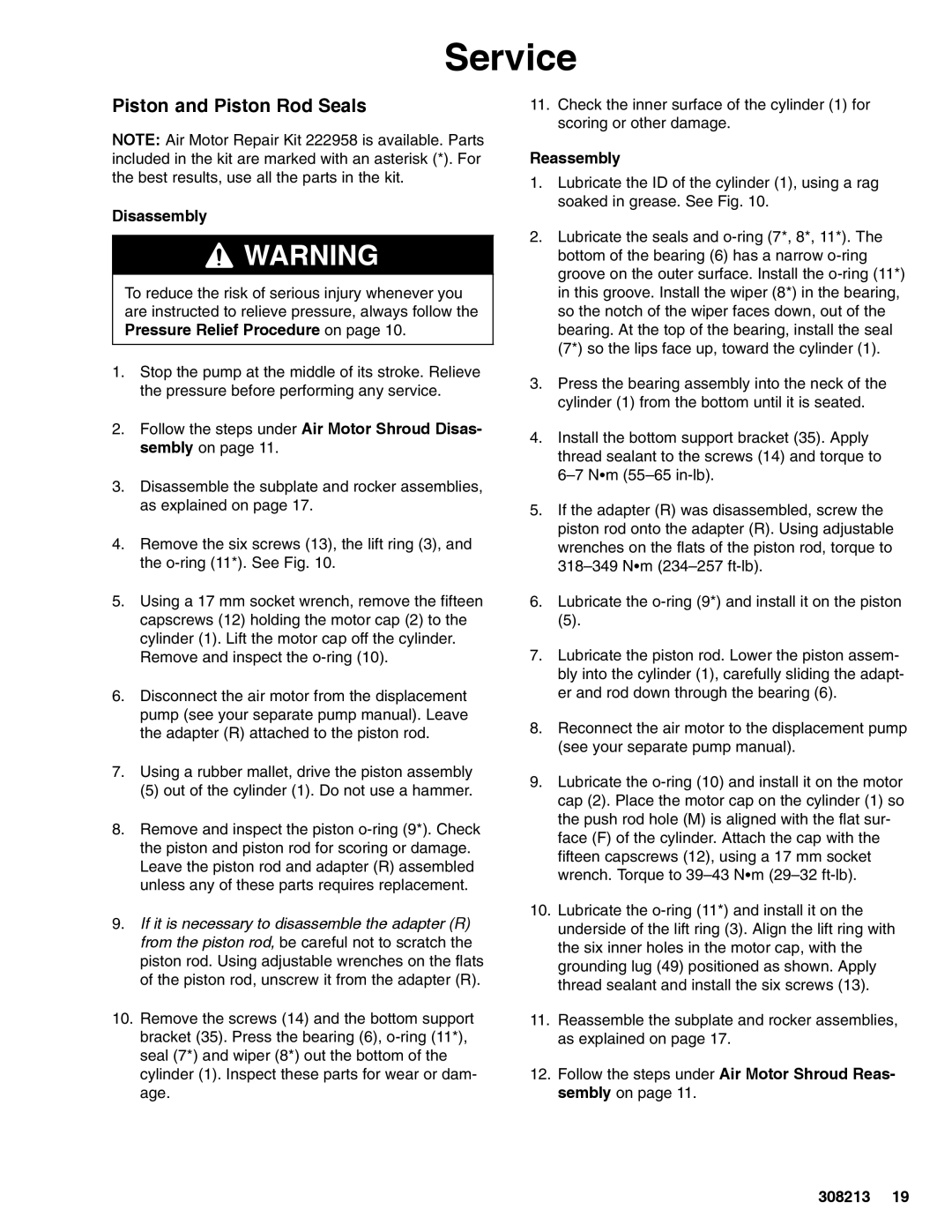 Graco 222800 Series C important safety instructions Piston and Piston Rod Seals 