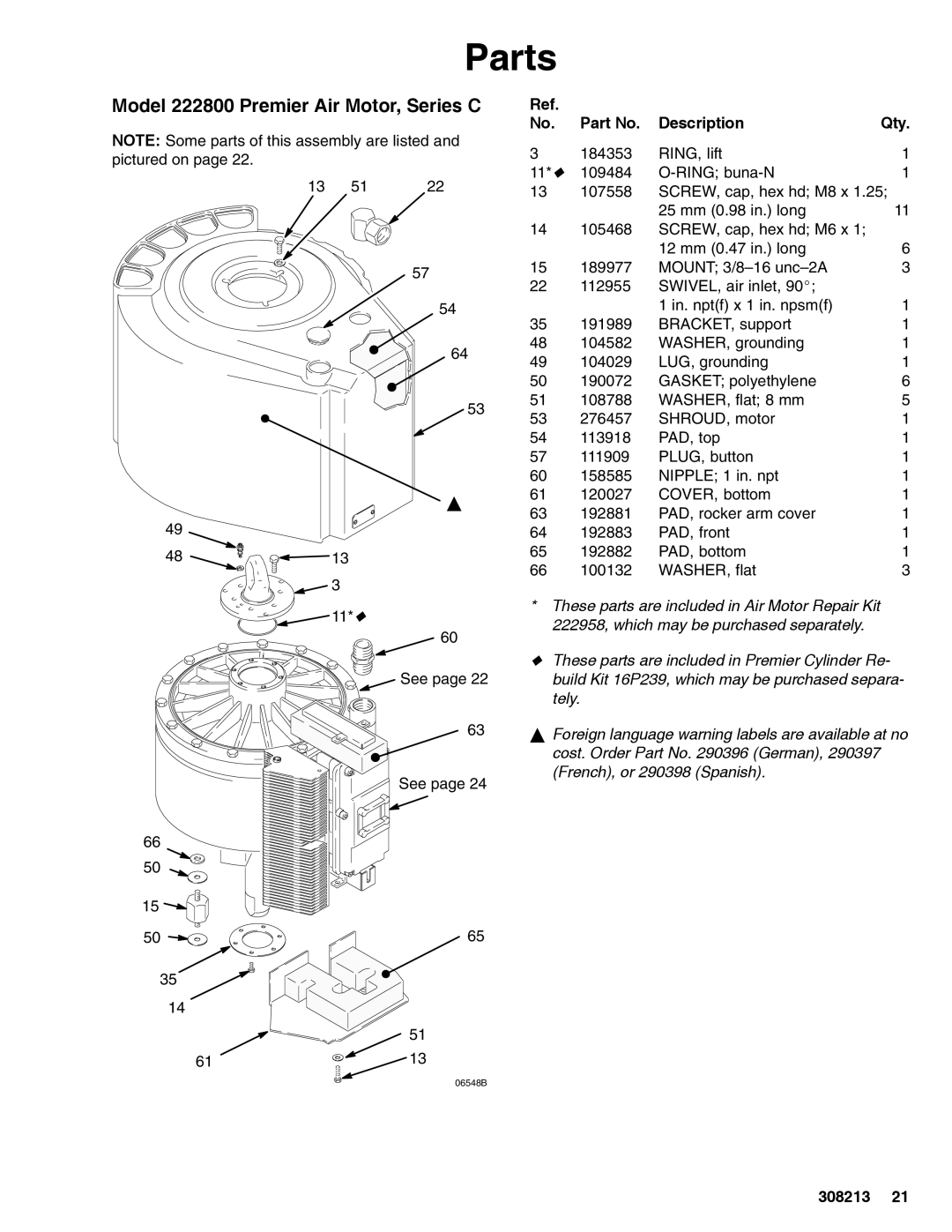 Graco 222800 Series C important safety instructions Parts, Model 222800 Premier Air Motor, Series C, Description Qty, See 