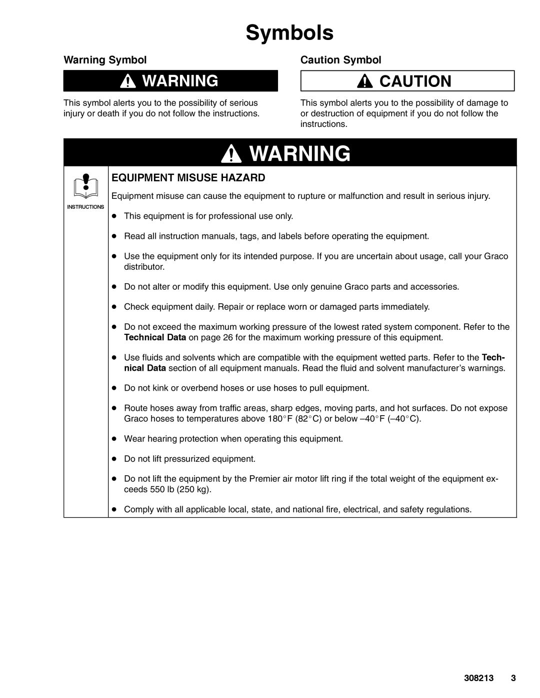 Graco 222800 Series C important safety instructions Symbols, Equipment Misuse Hazard 