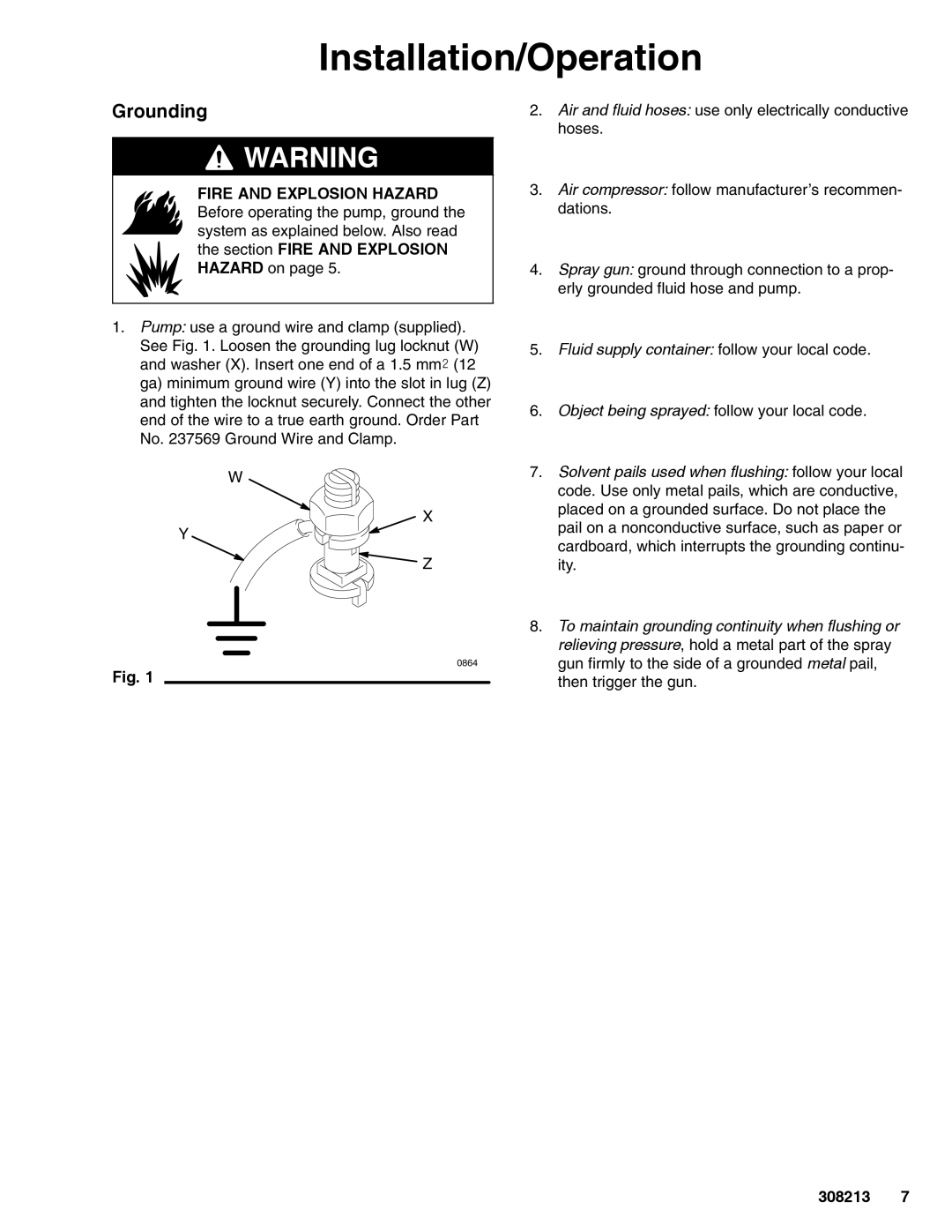 Graco 222800 Series C important safety instructions Grounding, Fire and Explosion Hazard Before operating the pump, ground 