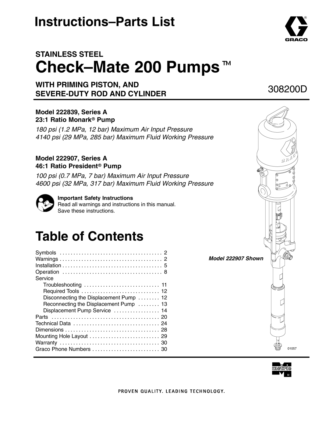 Graco 222839 Series A, 222907 Series A dimensions Instructions-Parts List, Table of Contents 