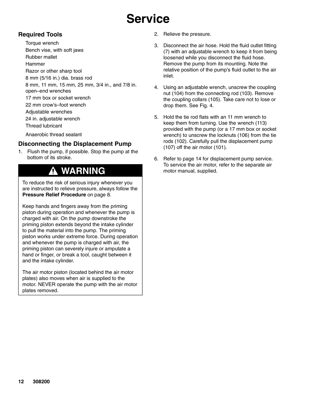 Graco 222907 Series A, 222839 Series A dimensions Service, Required Tools, Disconnecting the Displacement Pump 