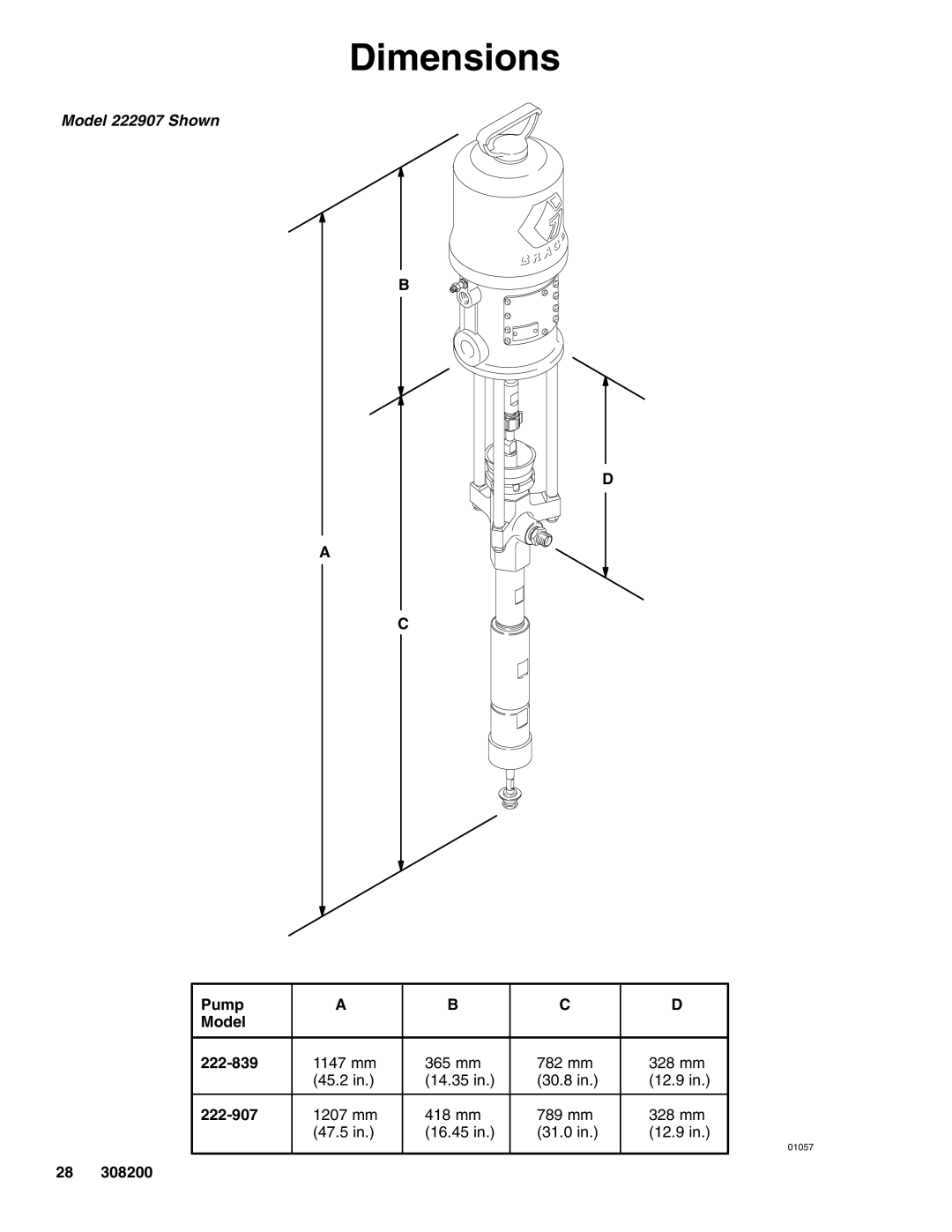 Graco 222907 Series A, 222839 Series A dimensions Dimensions, Pump Model 222-839, 222-907 