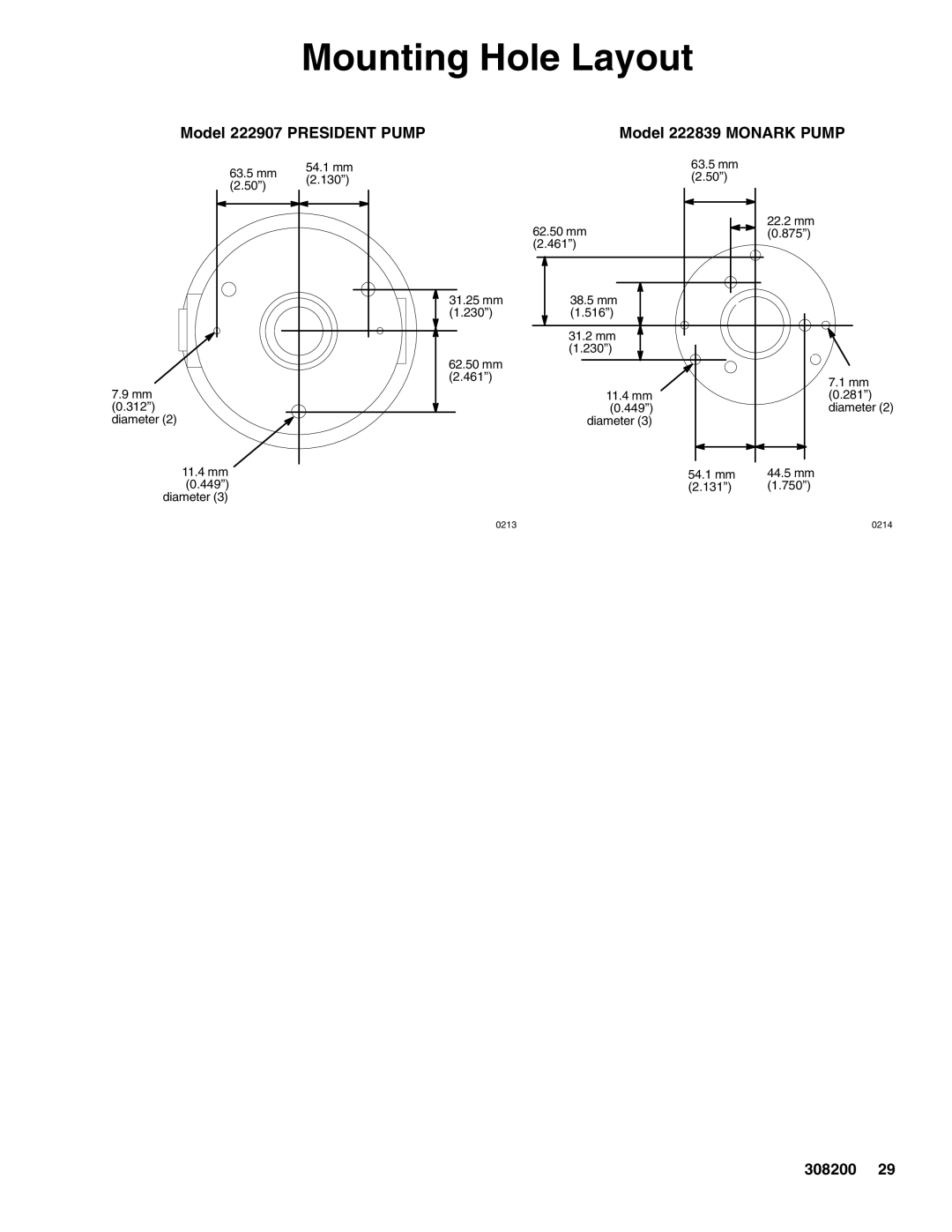 Graco 222839 Series A, 222907 Series A Mounting Hole Layout, Model 222907 President Pump, Model 222839 Monark Pump 