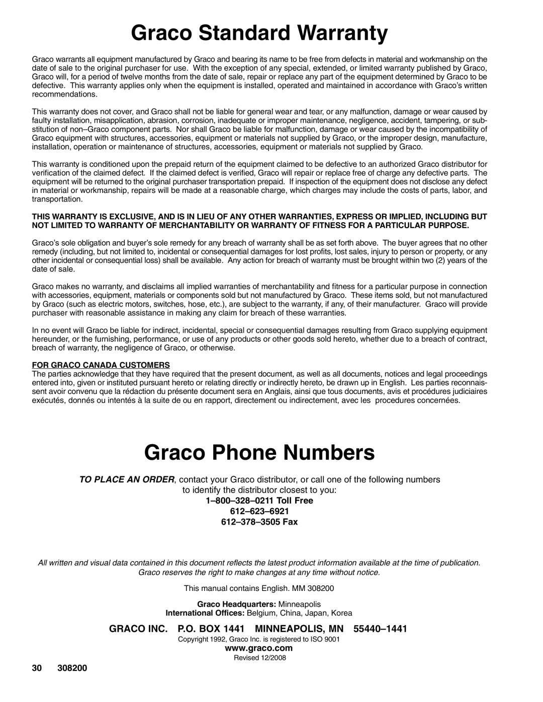 Graco 222907 Series A, 222839 Series A dimensions Graco Standard Warranty, Graco Phone Numbers, Toll Free 