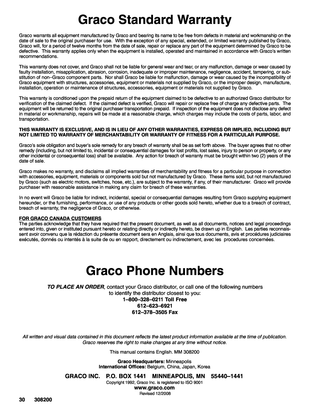 Graco 222907 Series A, 222839 Series A dimensions Graco Standard Warranty, Graco Phone Numbers, 612–378–3505Fax 
