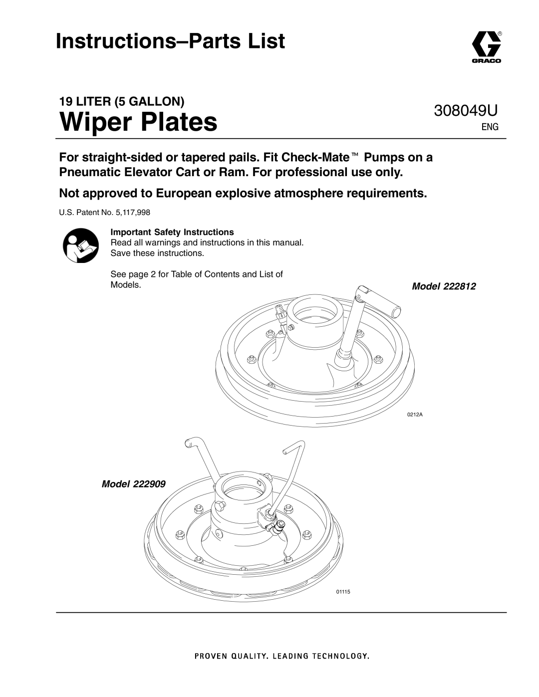 Graco 222812, 222909 important safety instructions Wiper Plates, Instructions-Parts List 