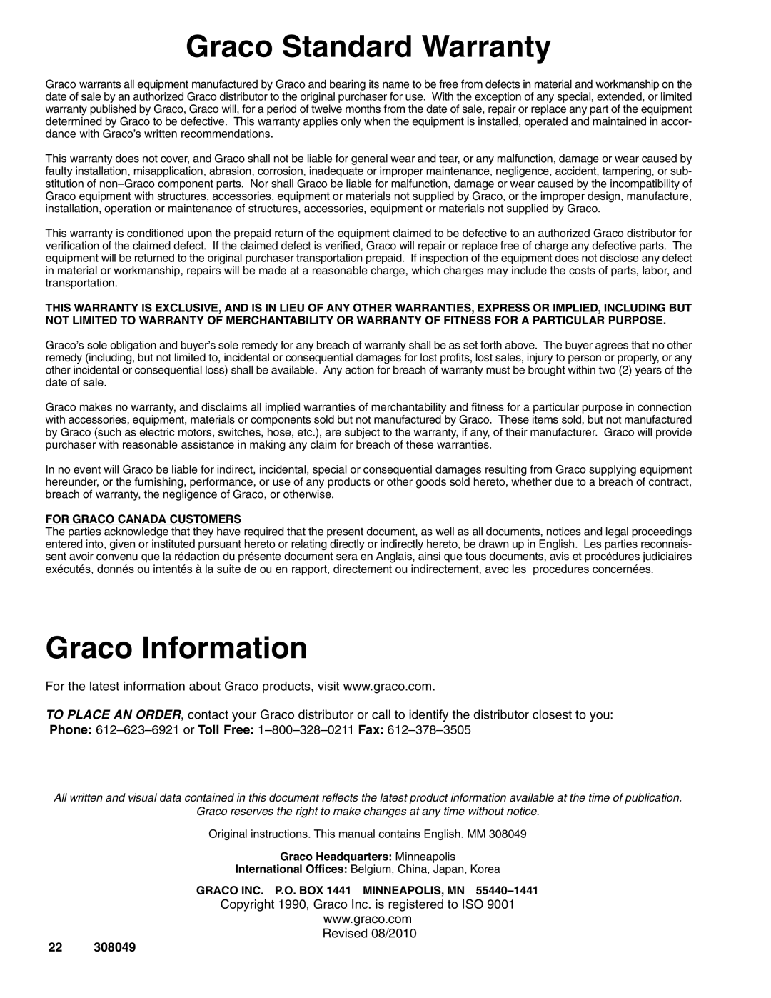 Graco 222909, 222812 important safety instructions Graco Standard Warranty, Graco Information 