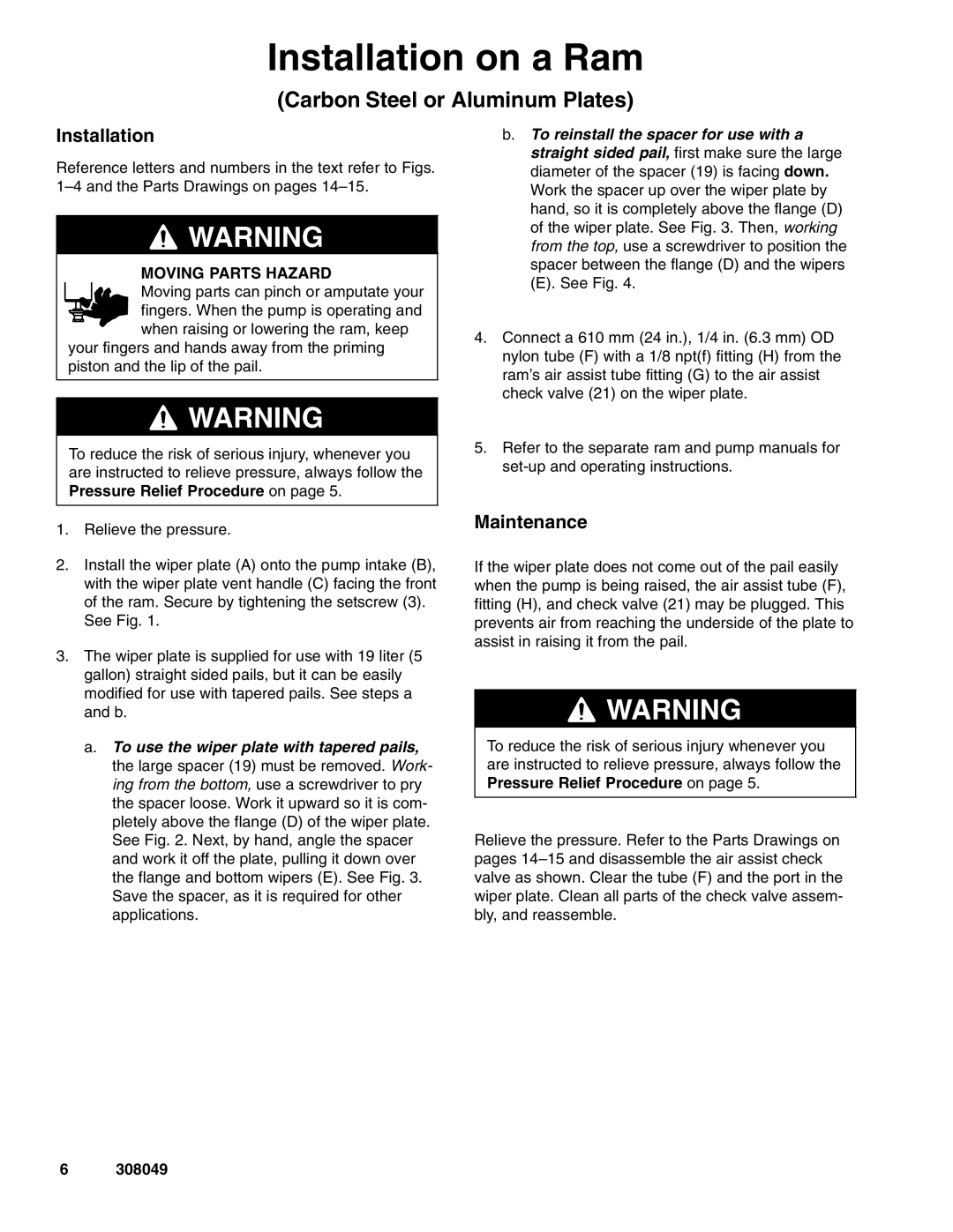 Graco 222909, 222812 important safety instructions Installation on a Ram, Maintenance 