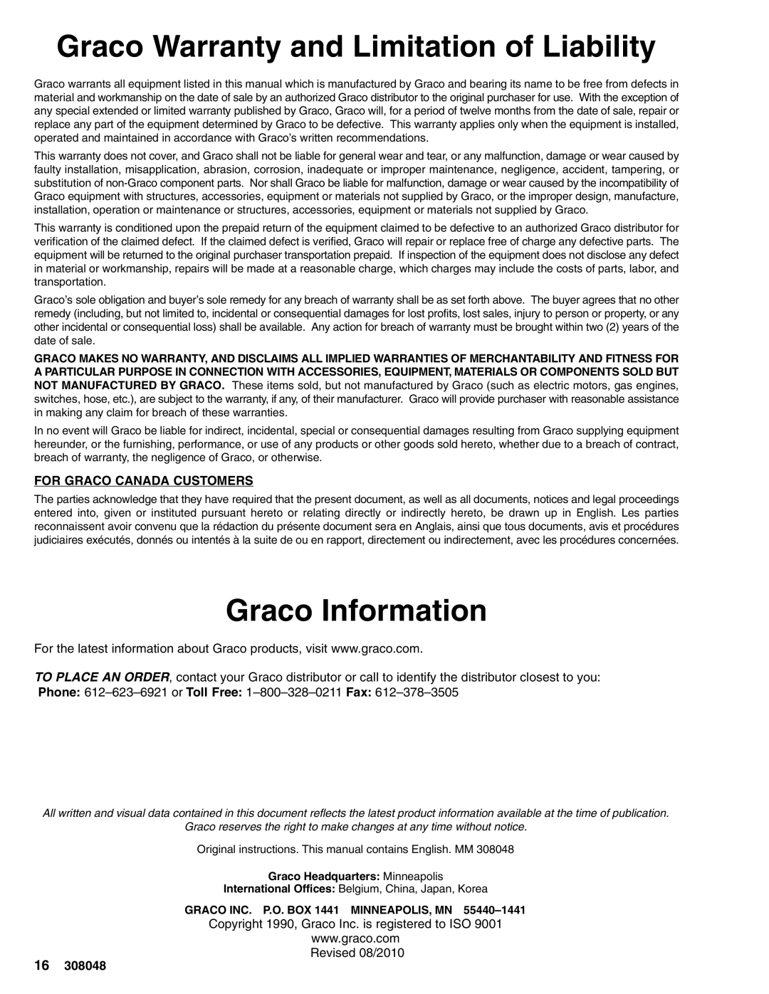 Graco 223646 important safety instructions Graco Warranty and Limitation of Liability, Graco Information 