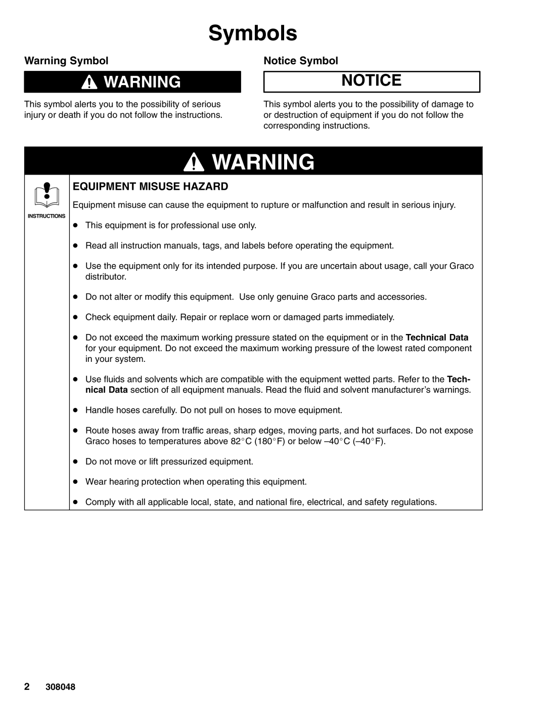 Graco 223646 important safety instructions Symbols, 308048 