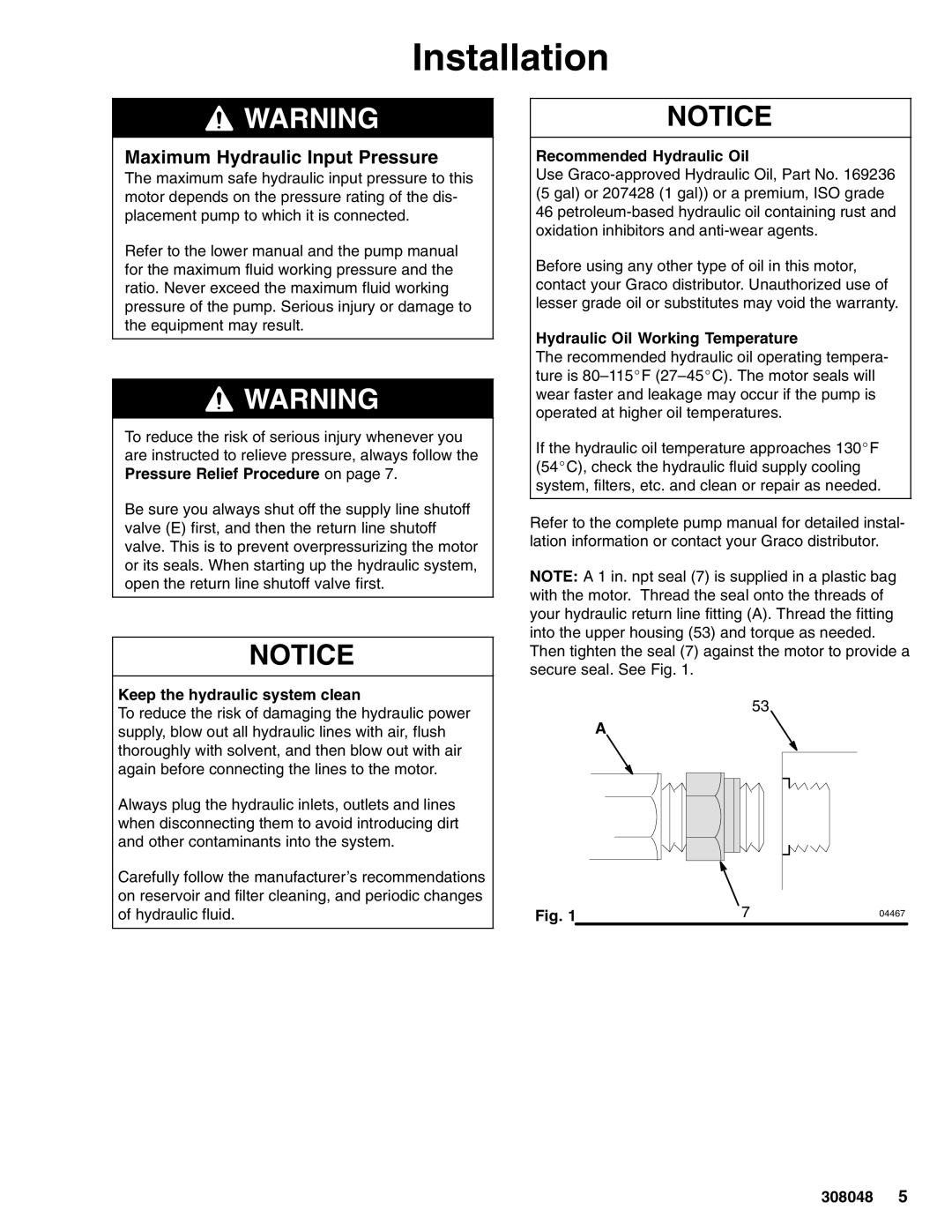Graco 223646 Installation, Maximum Hydraulic Input Pressure, Keep the hydraulic system clean, Recommended Hydraulic Oil 