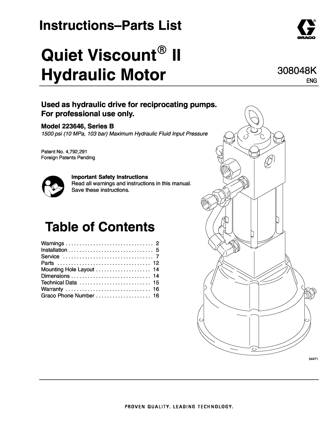 Graco important safety instructions Instructions-Parts List, Table of Contents, Model 223646, Series B, 308048K, 04471 