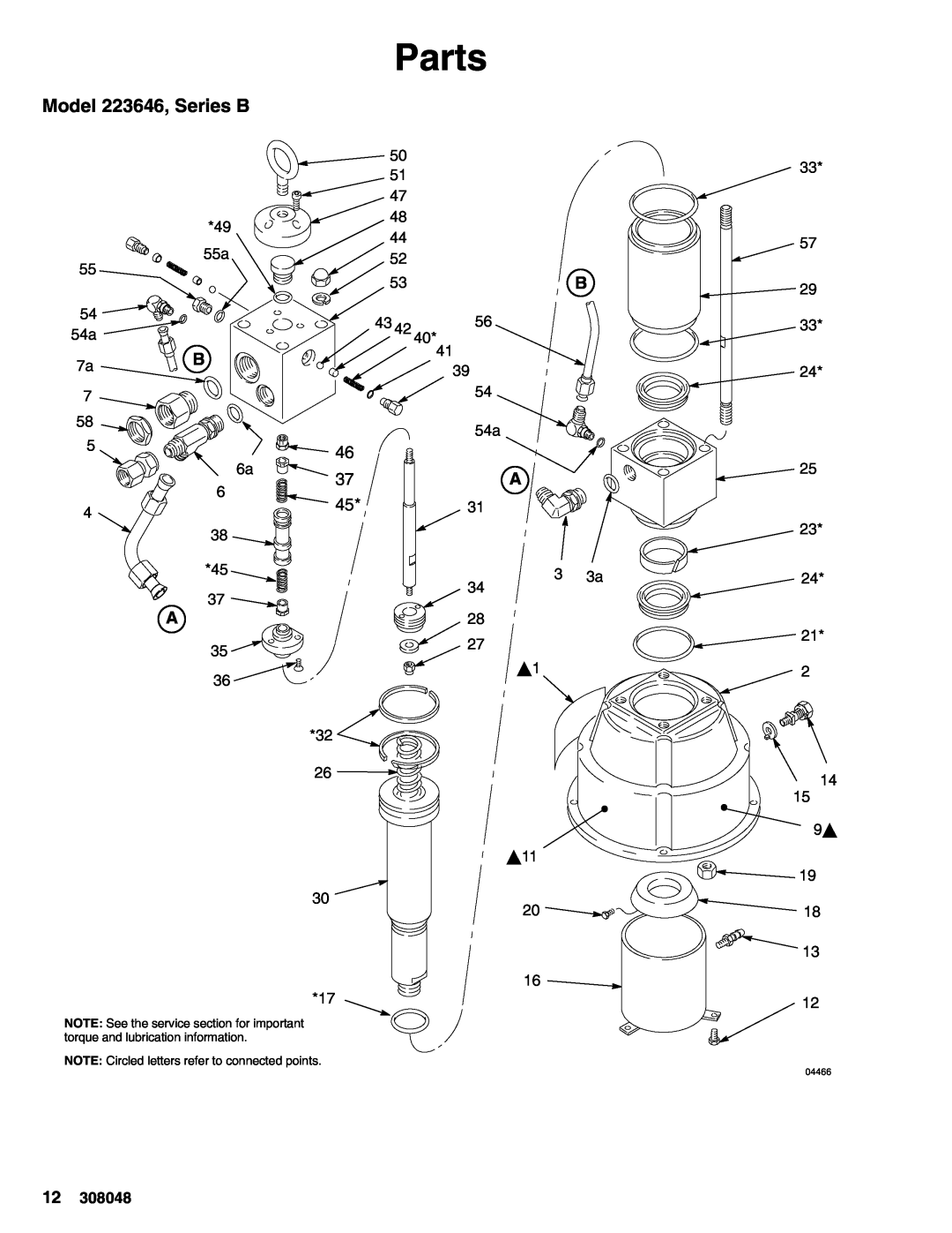 Graco Parts, Model 223646, Series B, 45*31, NOTE Circled letters refer to connected points, 04466 