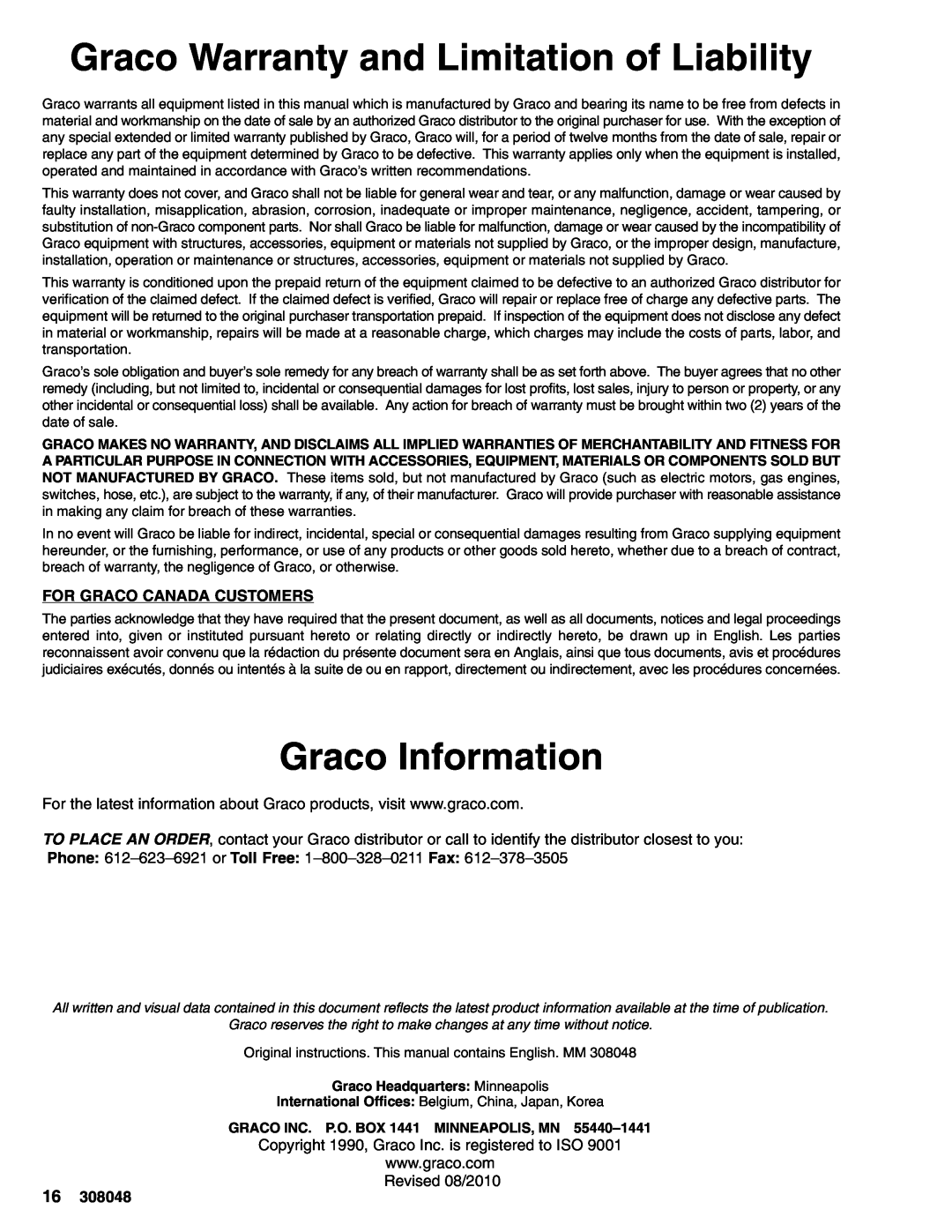 Graco 223646 Graco Warranty and Limitation of Liability, Graco Information, Graco Headquarters Minneapolis 