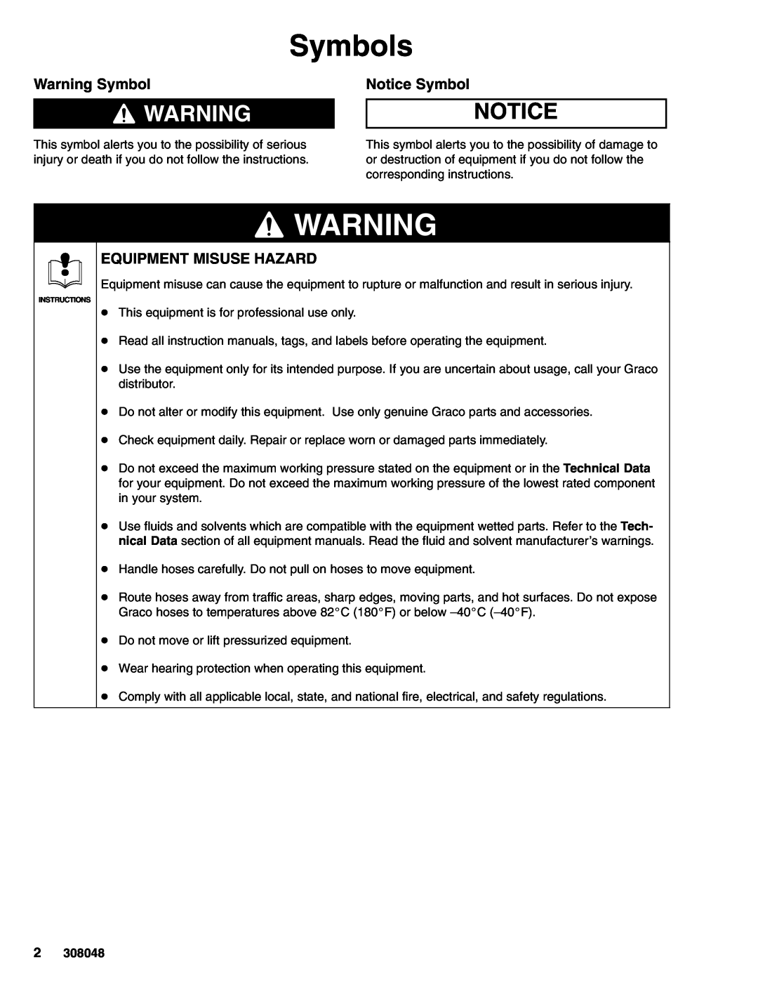 Graco 223646 important safety instructions Symbols, Warning Symbol, Notice Symbol, Equipment Misuse Hazard 