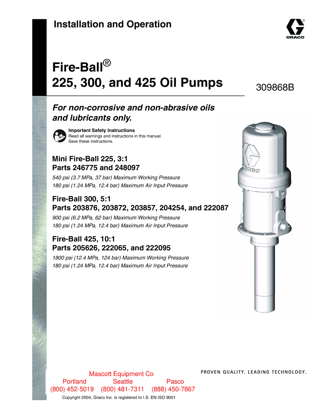 Graco important safety instructions Fire-Ball 225, 300, and 425 Oil Pumps 